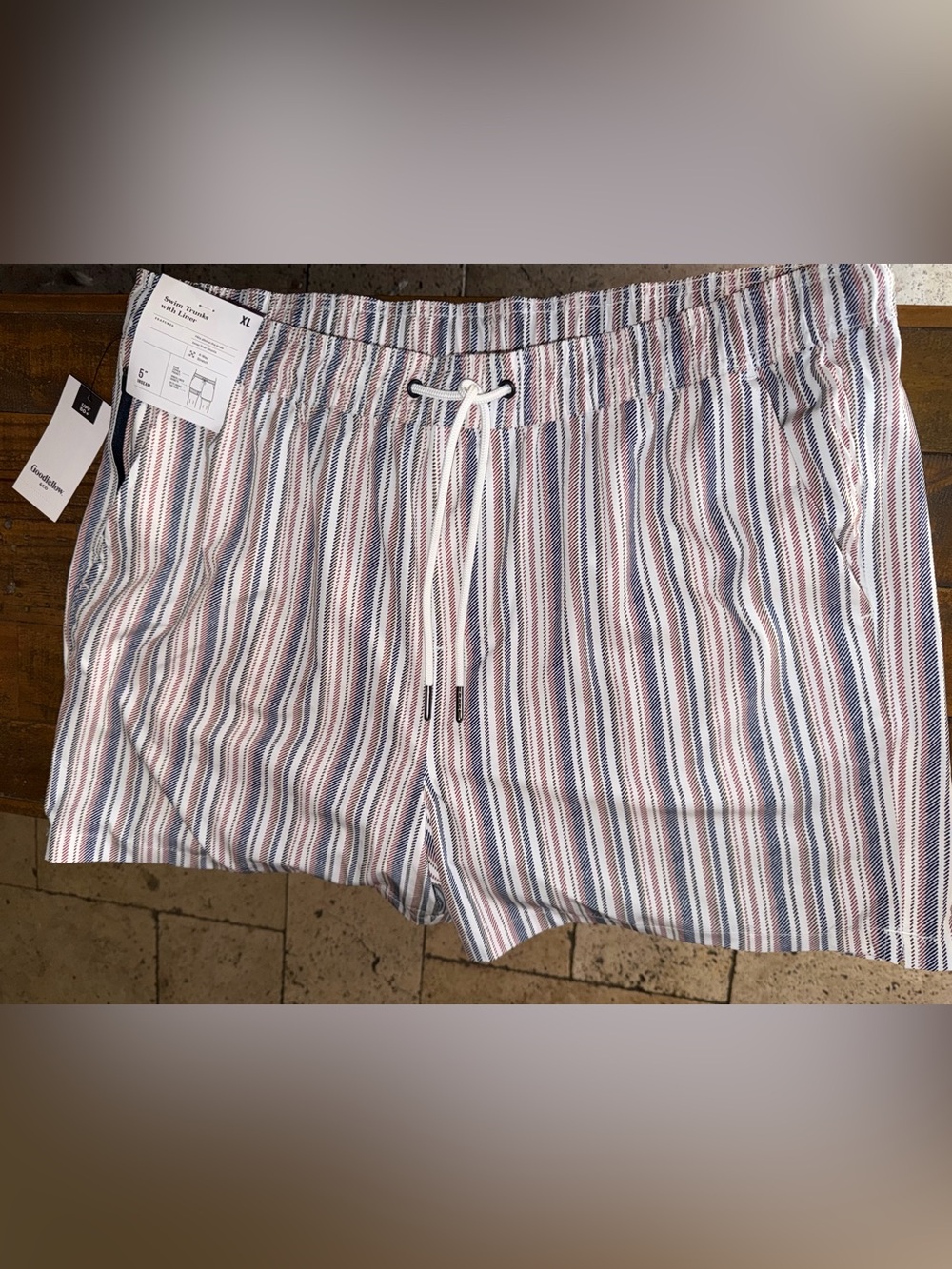 Goodfellow & Co White Swim Trunks with Navy and Red Stripes